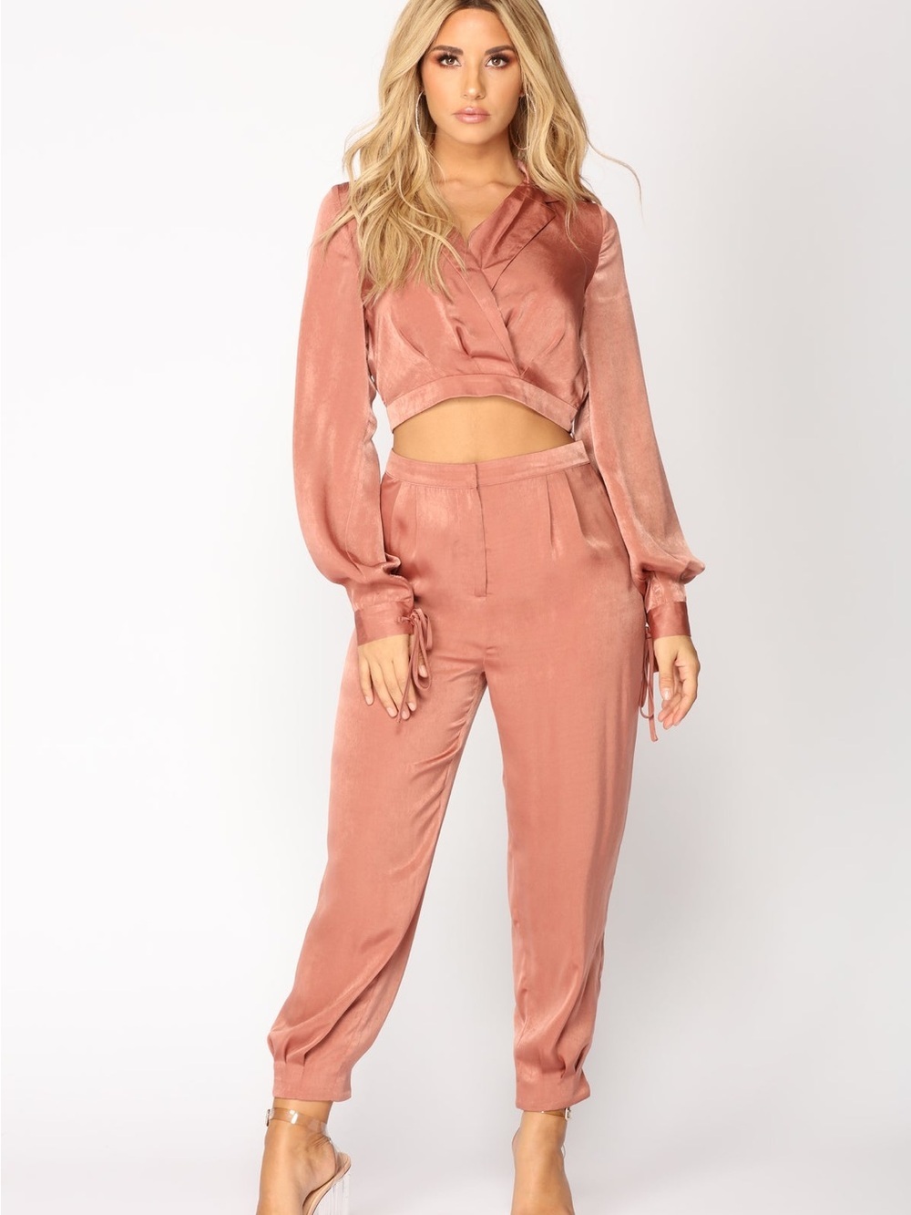 Fashion Nova Rust Wrap Cropped Blouse 
Let Your Love Flow Satin Set - Mauve SZM